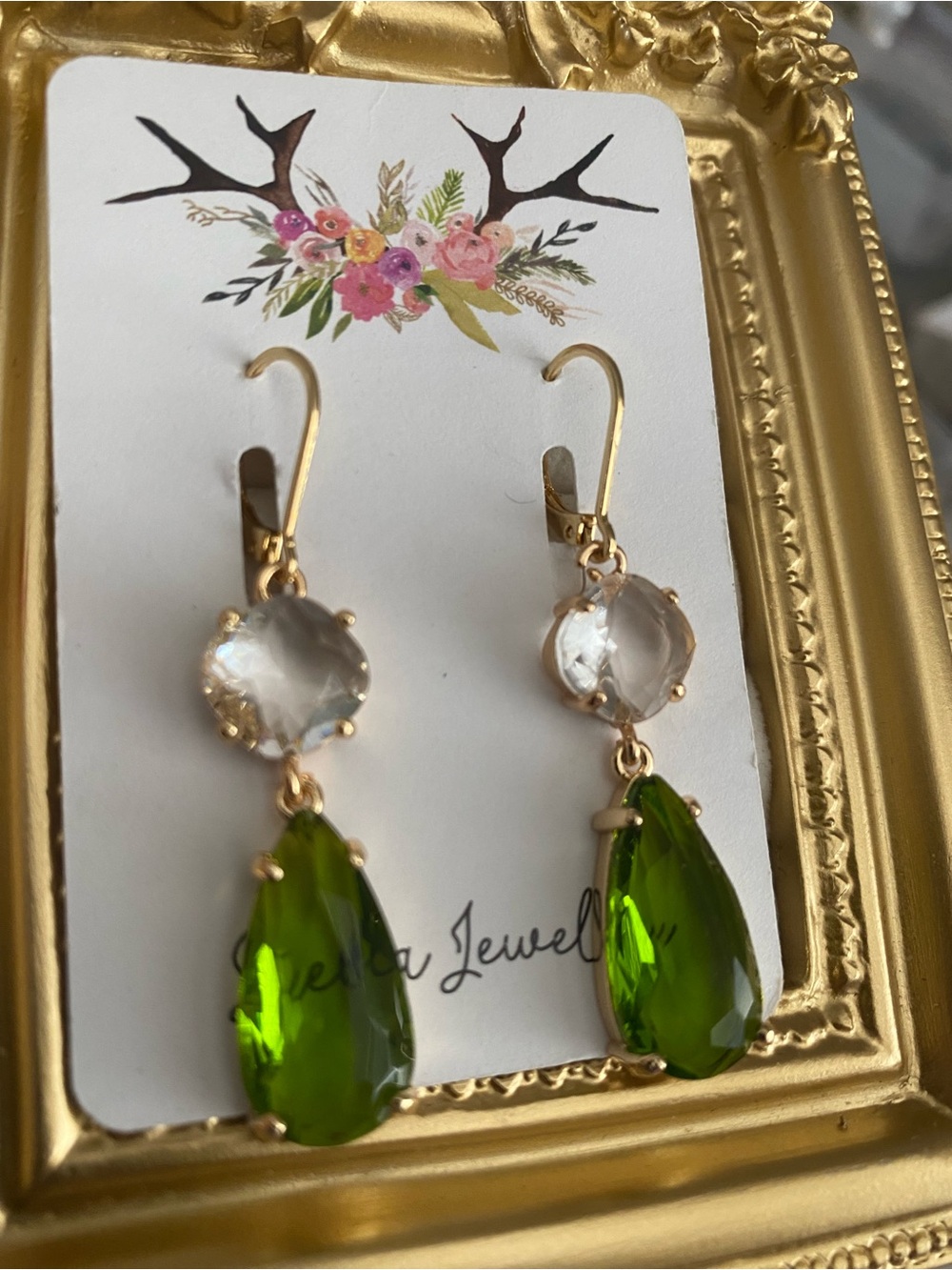 Gold-Plated Green Teardrop Crystal Drop Earrings